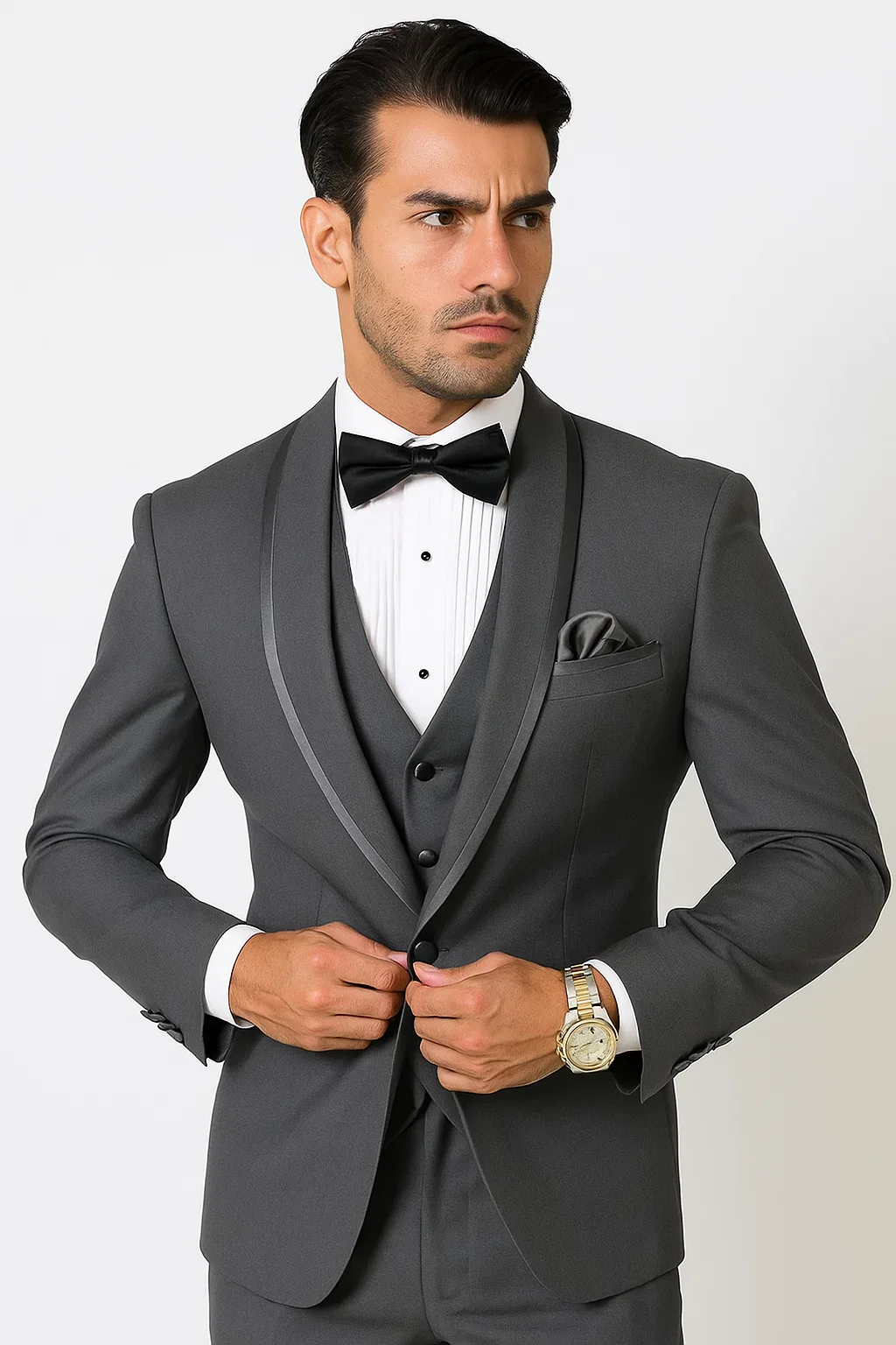 Mens Charcoal Tuxedo – Satin Shawl Lapel 3-Piece Suit for Weddings - Image 6