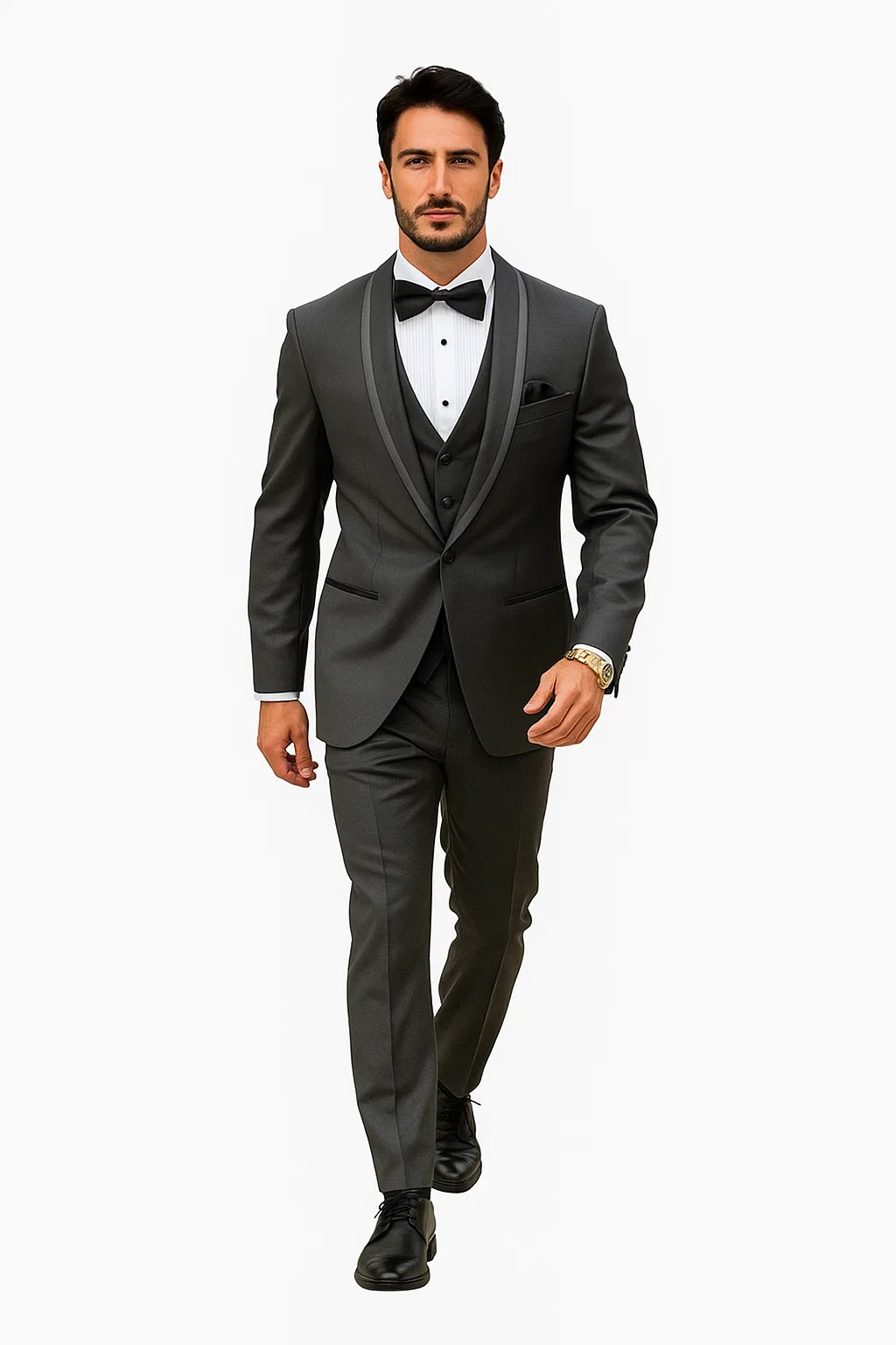 Mens Charcoal Tuxedo – Satin Shawl Lapel 3-Piece Suit for Weddings - Image 8