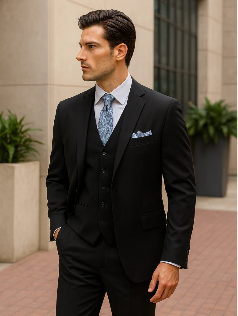 Mens Classic 3 Button Vested Dress Suit in Black - Image 3