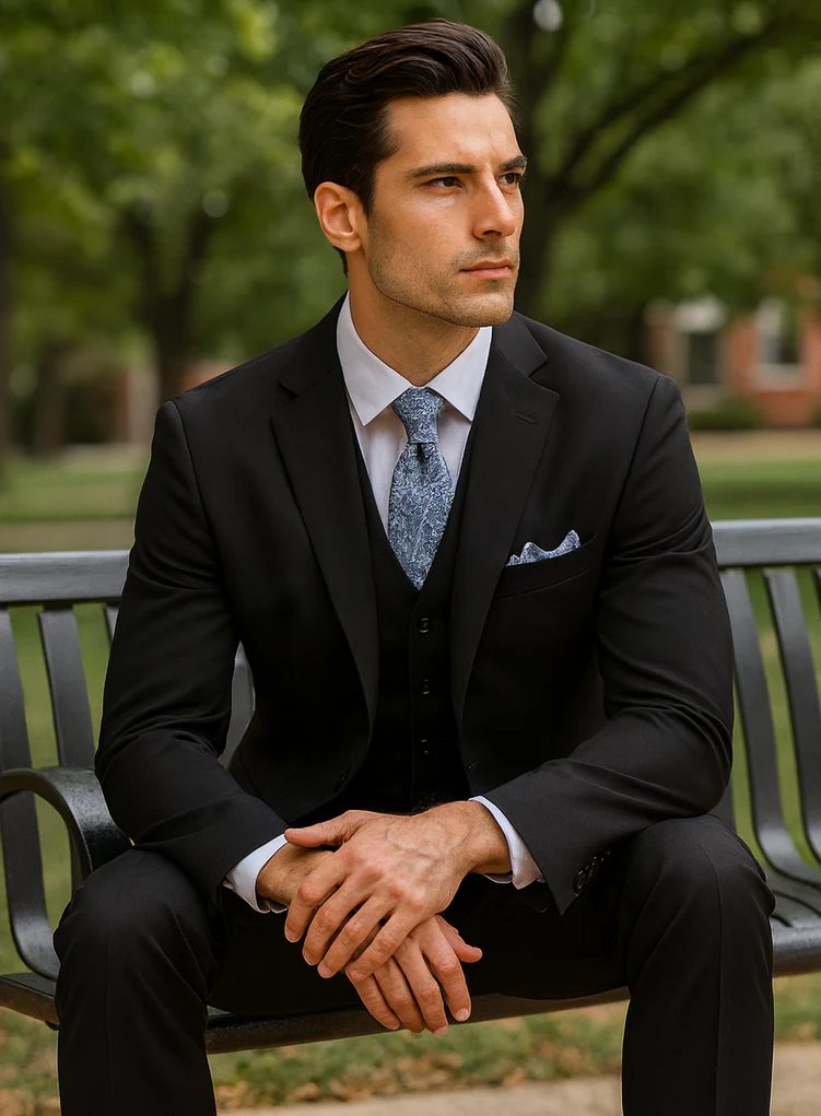 Mens Classic 3 Button Vested Dress Suit in Black - Image 4