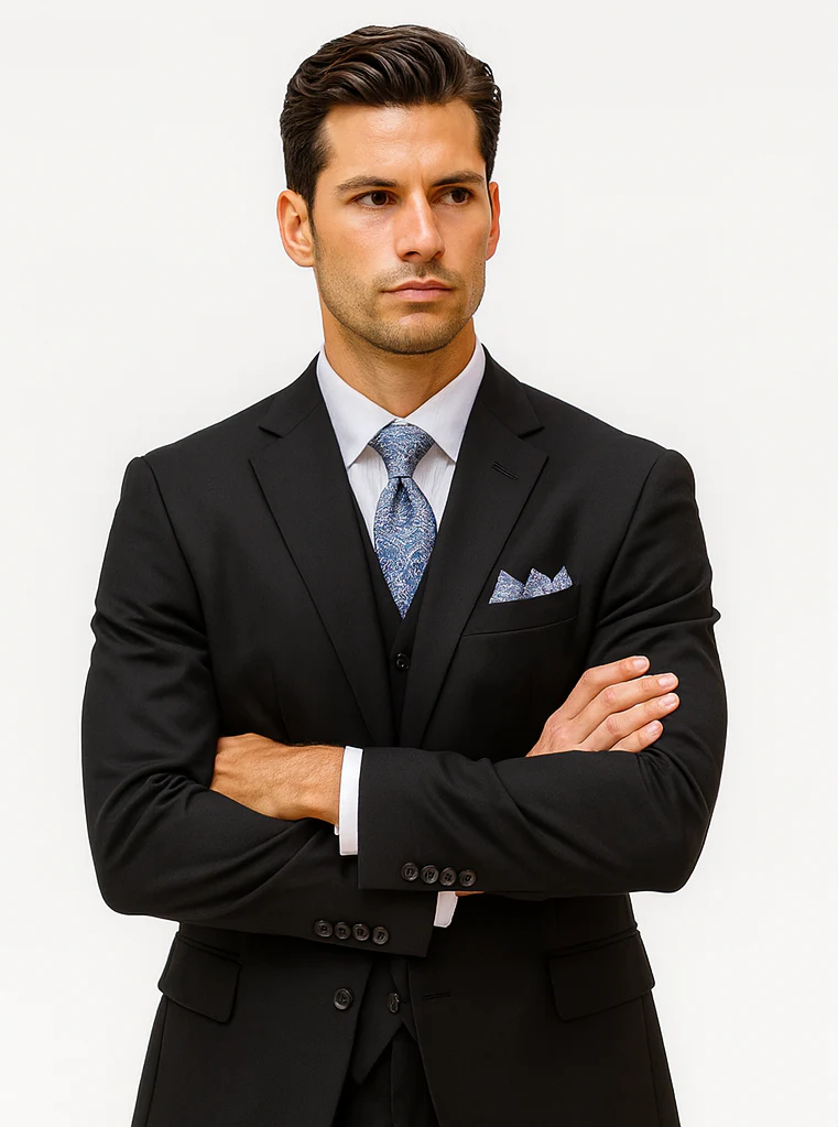 Mens Classic 3 Button Vested Dress Suit in Black - Image 5