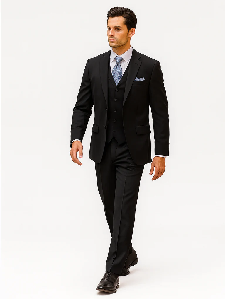 Mens Classic 3 Button Vested Dress Suit in Black - Image 6