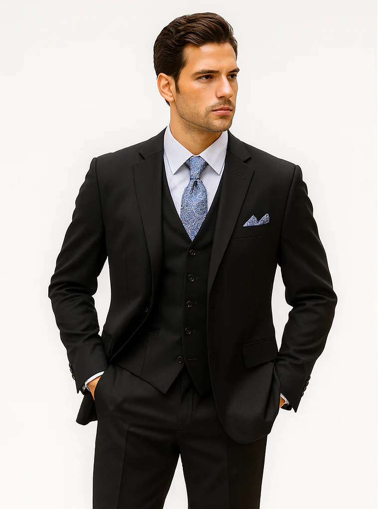 Mens Classic 3 Button Vested Dress Suit in Black - Image 7