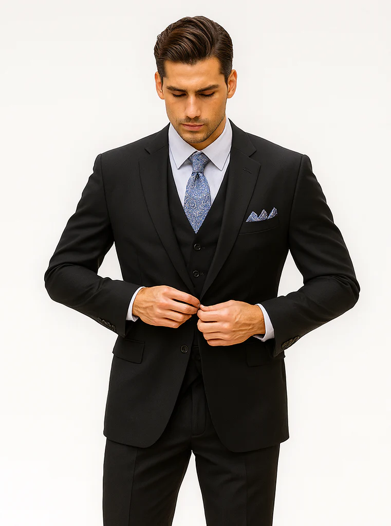 Mens Classic 3 Button Vested Dress Suit in Black - Image 8