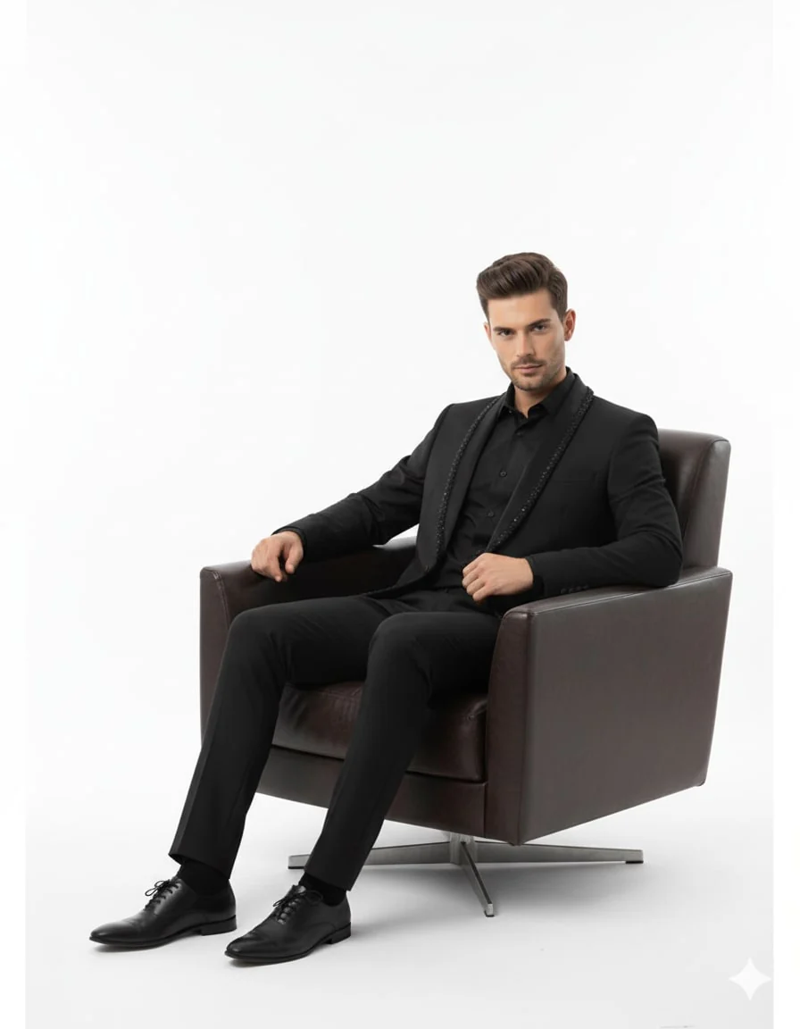 Mens Classic Black Designer Blazer with Beaded Lapel – Elegant Formal and Party Wear Dinner Jacket For Groom - Image 3