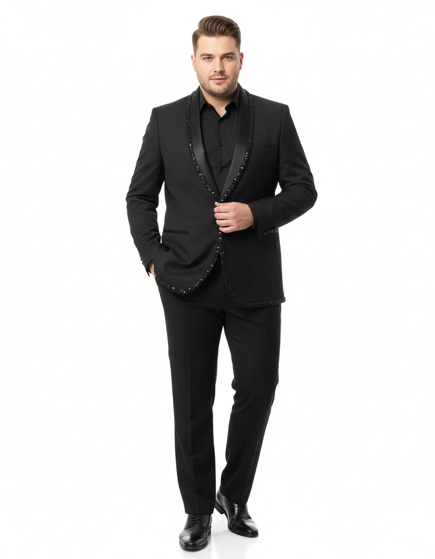 Mens Classic Black Designer Blazer with Beaded Lapel – Elegant Formal and Party Wear Dinner Jacket For Groom - Image 4