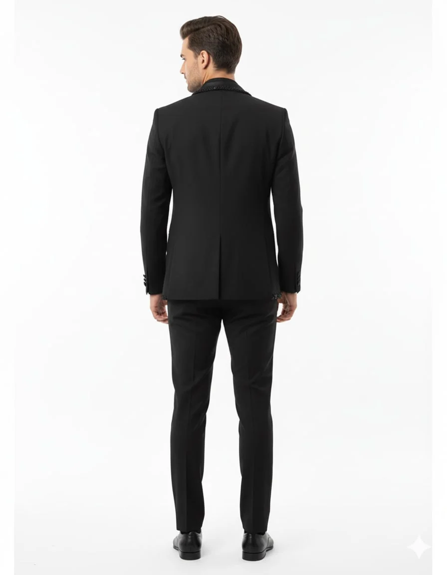 Mens Classic Black Designer Blazer with Beaded Lapel – Elegant Formal and Party Wear Dinner Jacket For Groom - Image 5