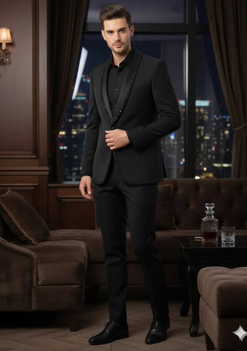 Mens Classic Black Designer Blazer with Beaded Lapel – Elegant Formal and Party Wear Dinner Jacket For Groom - Image 6