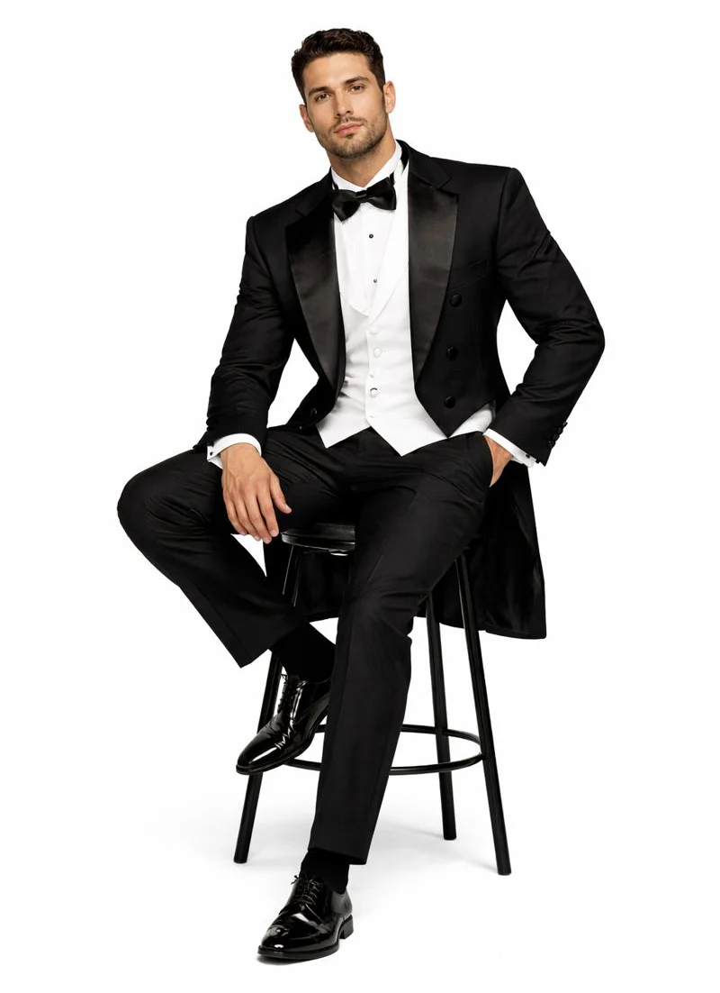 Mens Classic Black Tail Tuxedo with White Vest - Image 4