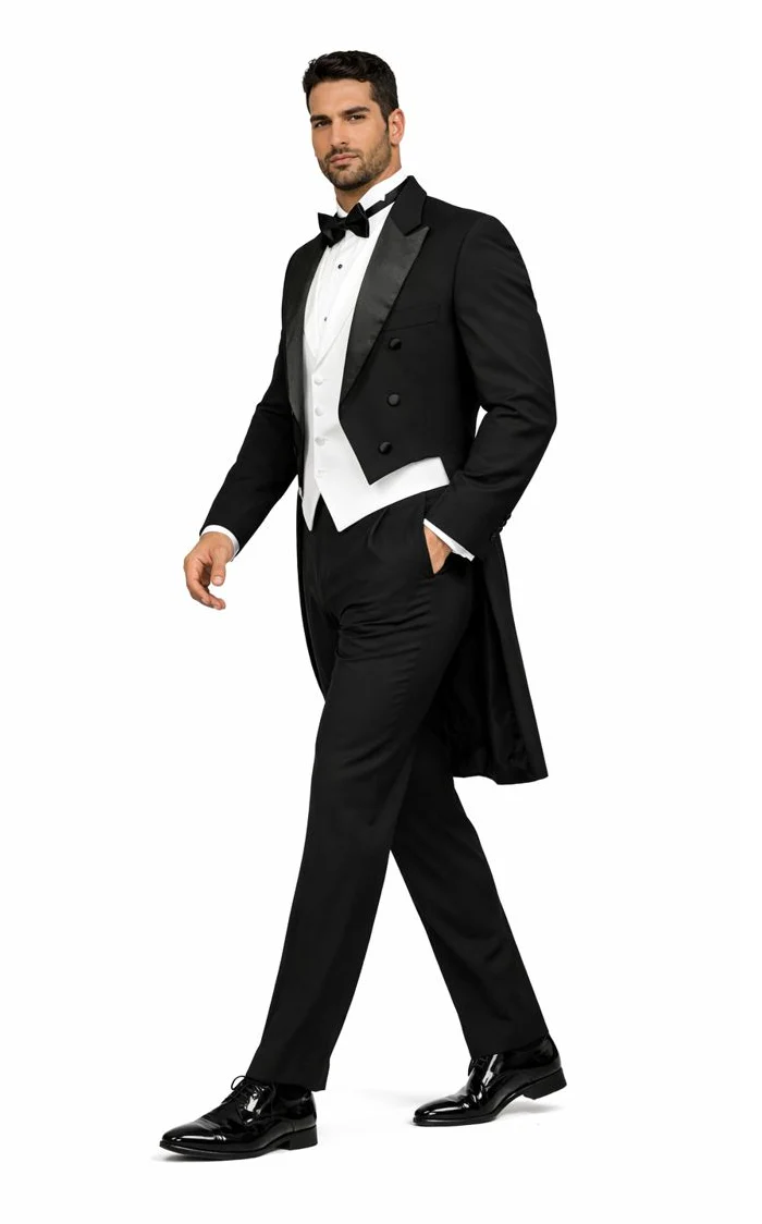Mens Classic Black Tail Tuxedo with White Vest - Image 8