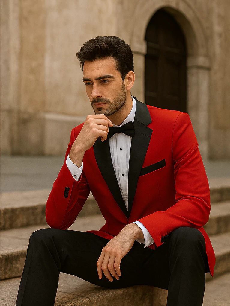 Mens Classic Contrast Notch Tuxedo in Red - Image 3