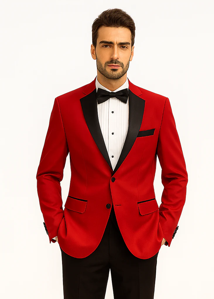 Mens Classic Contrast Notch Tuxedo in Red - Image 6