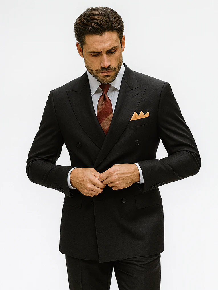 Mens Classic Rayon Fabric Double Breasted Suit in Black - Image 4
