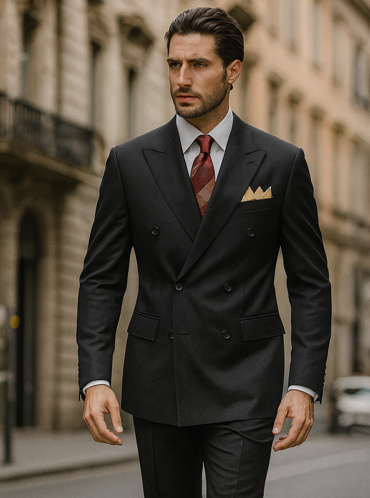 Mens Classic Rayon Fabric Double Breasted Suit in Black - Image 6