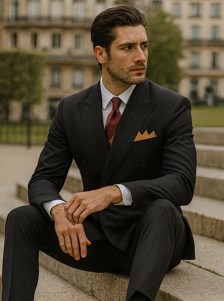 Mens Classic Rayon Fabric Double Breasted Suit in Black - Image 9
