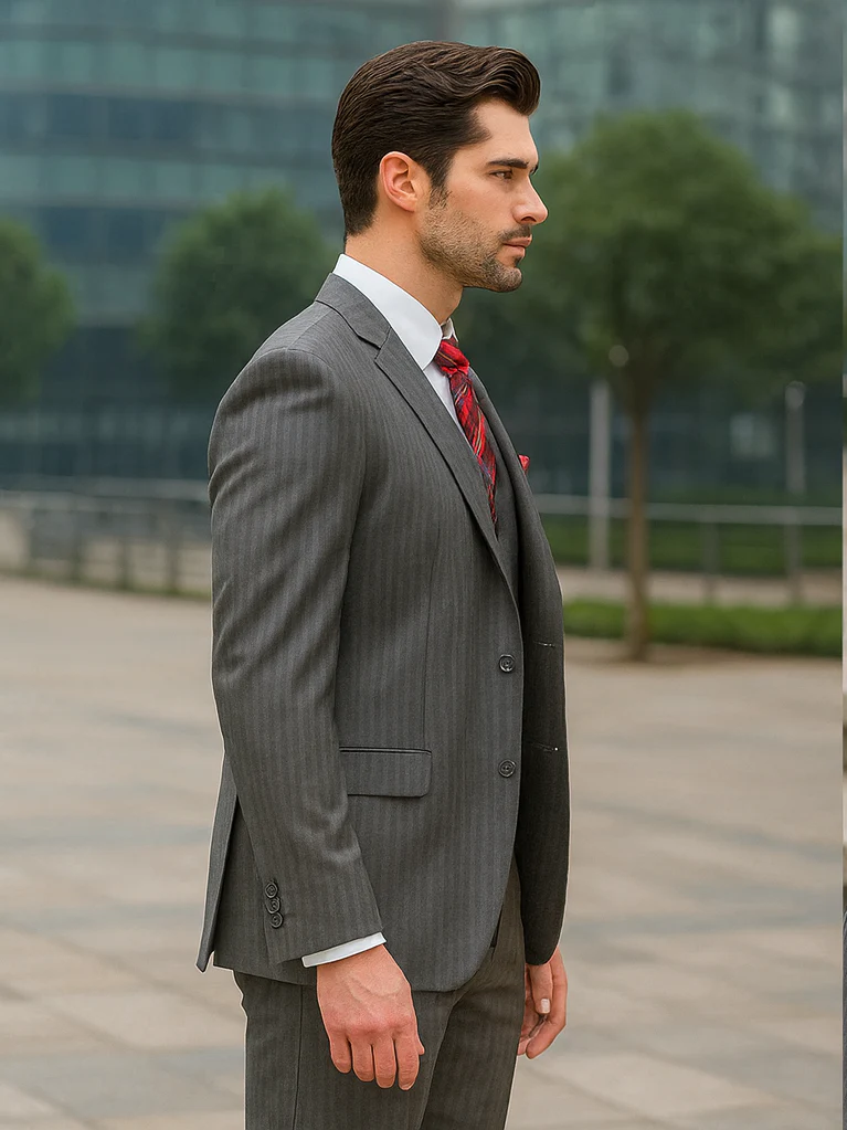 Mens Classic Vested Pinstripe Suit in Medium Grey - Image 3