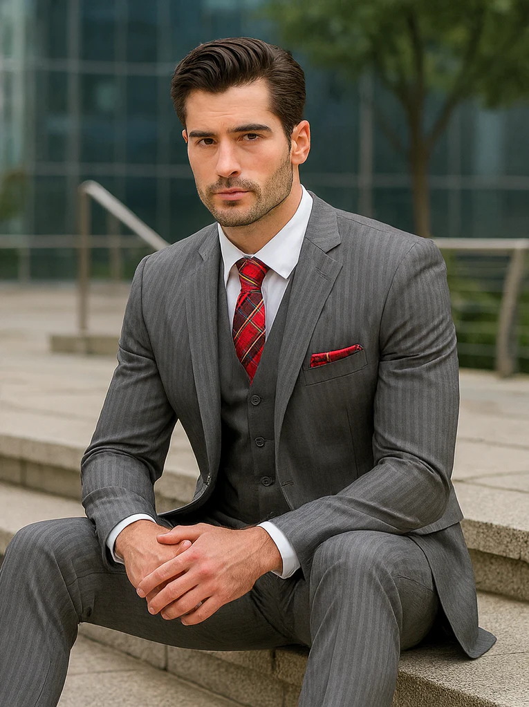 Mens Classic Vested Pinstripe Suit in Medium Grey - Image 4