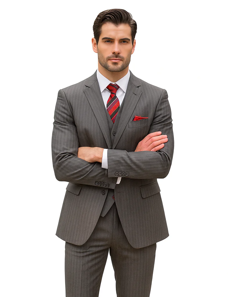 Mens Classic Vested Pinstripe Suit in Medium Grey - Image 5