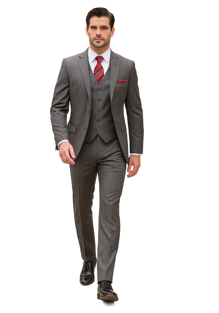 Mens Classic Vested Pinstripe Suit in Medium Grey - Image 6