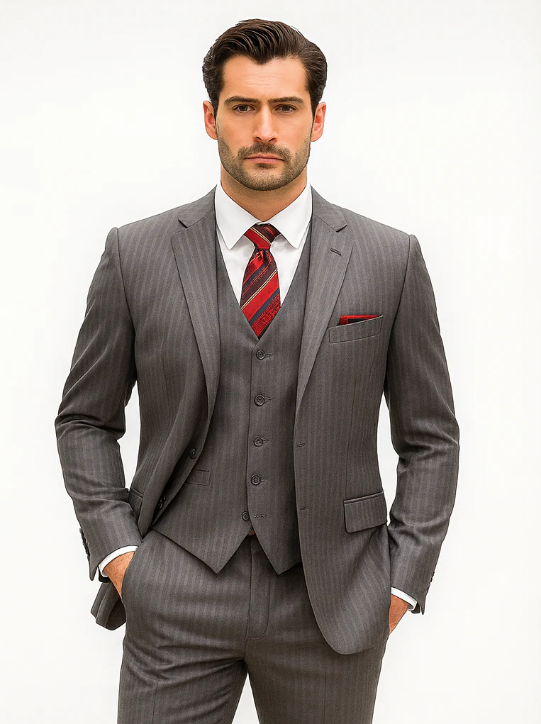 Mens Classic Vested Pinstripe Suit in Medium Grey - Image 7