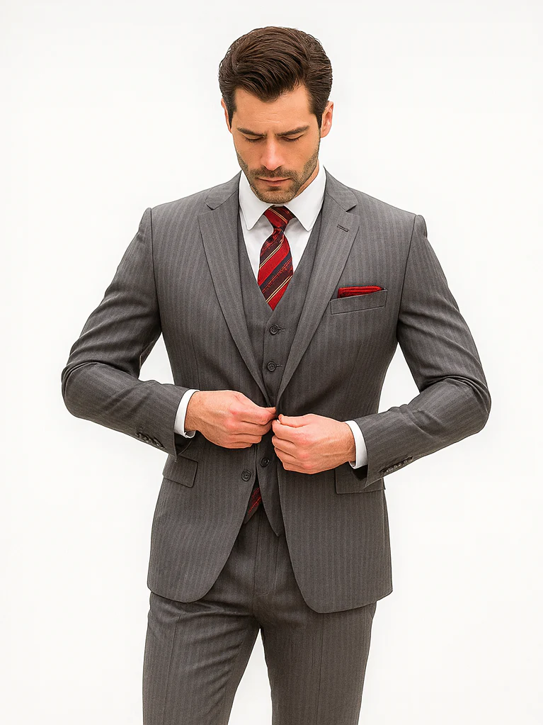 Mens Classic Vested Pinstripe Suit in Medium Grey - Image 8