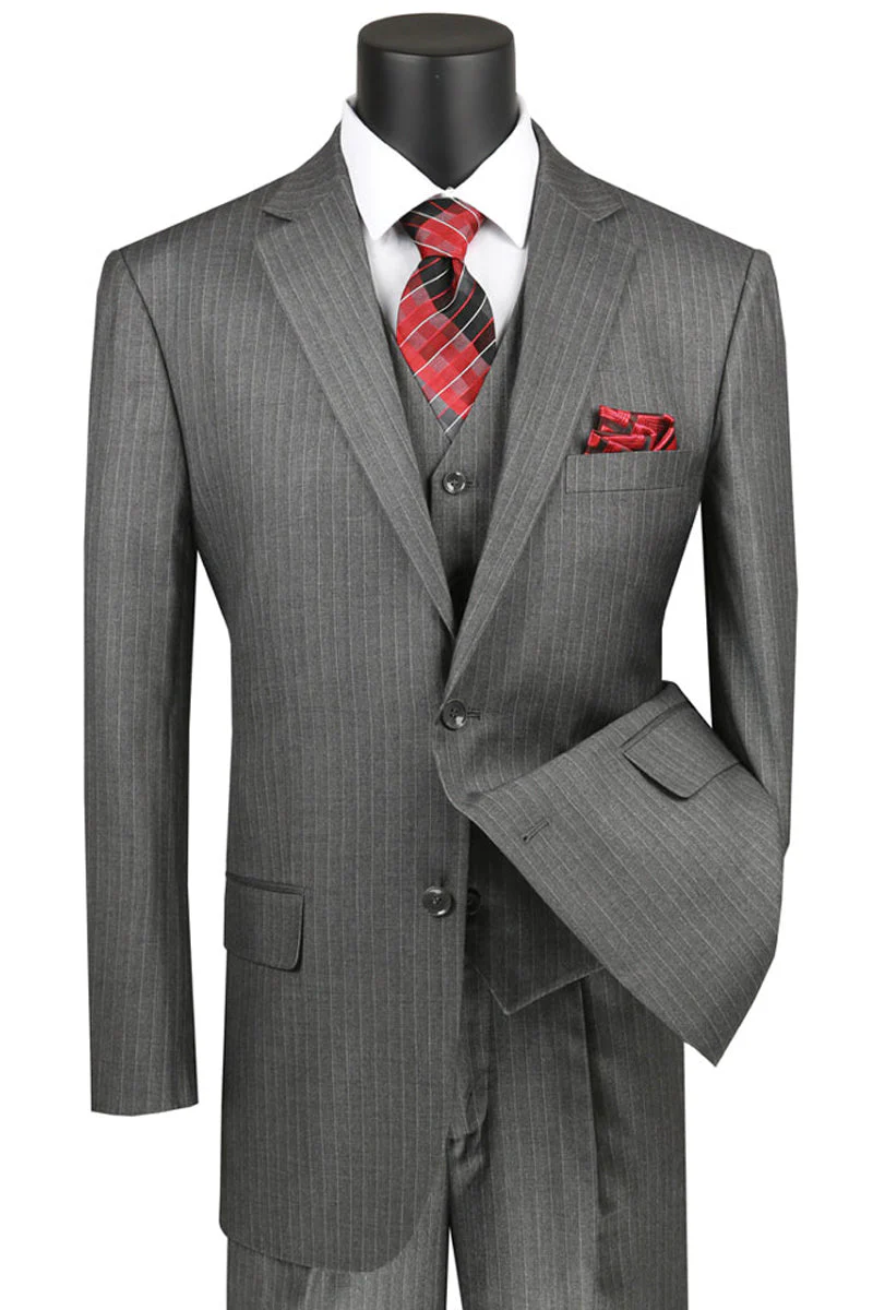 Mens Classic Vested Pinstripe Suit in Medium Grey - Image 9