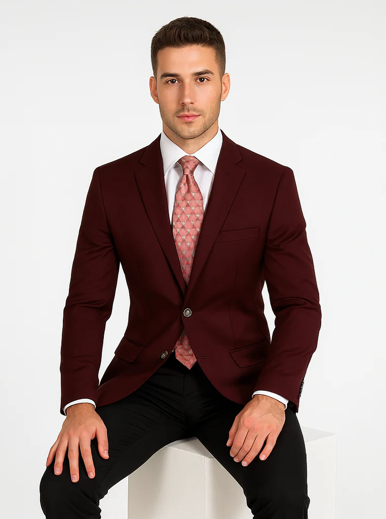 Mens Classic Wool Feel Blazer Sports Coat in Burgundy - Image 4