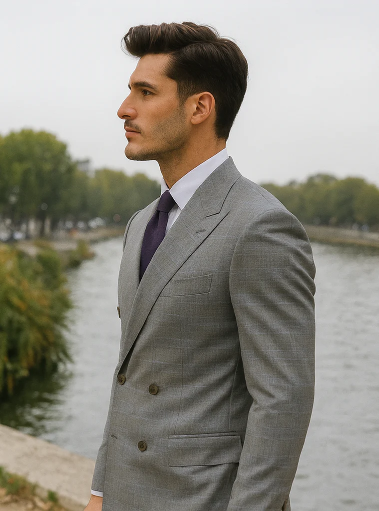 Mens Classic Wool Feel Double Breasted Glen Plaid Suit in Grey - Image 3