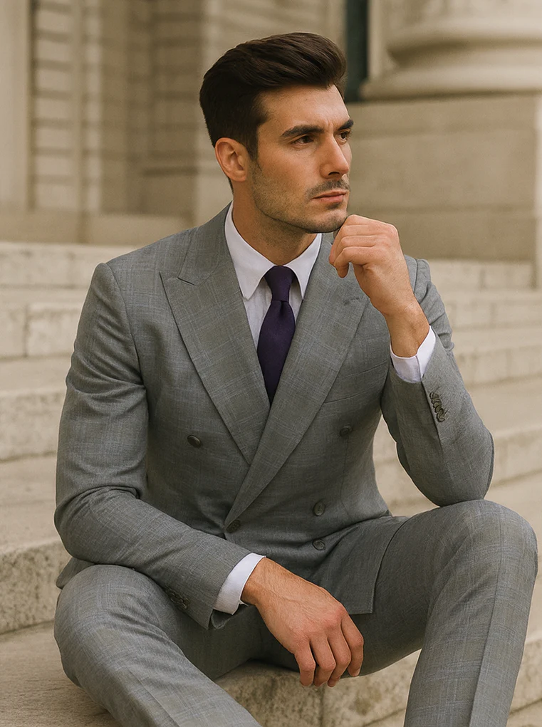 Mens Classic Wool Feel Double Breasted Glen Plaid Suit in Grey - Image 4