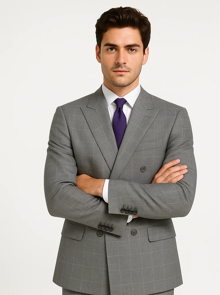 Mens Classic Wool Feel Double Breasted Glen Plaid Suit in Grey - Image 5