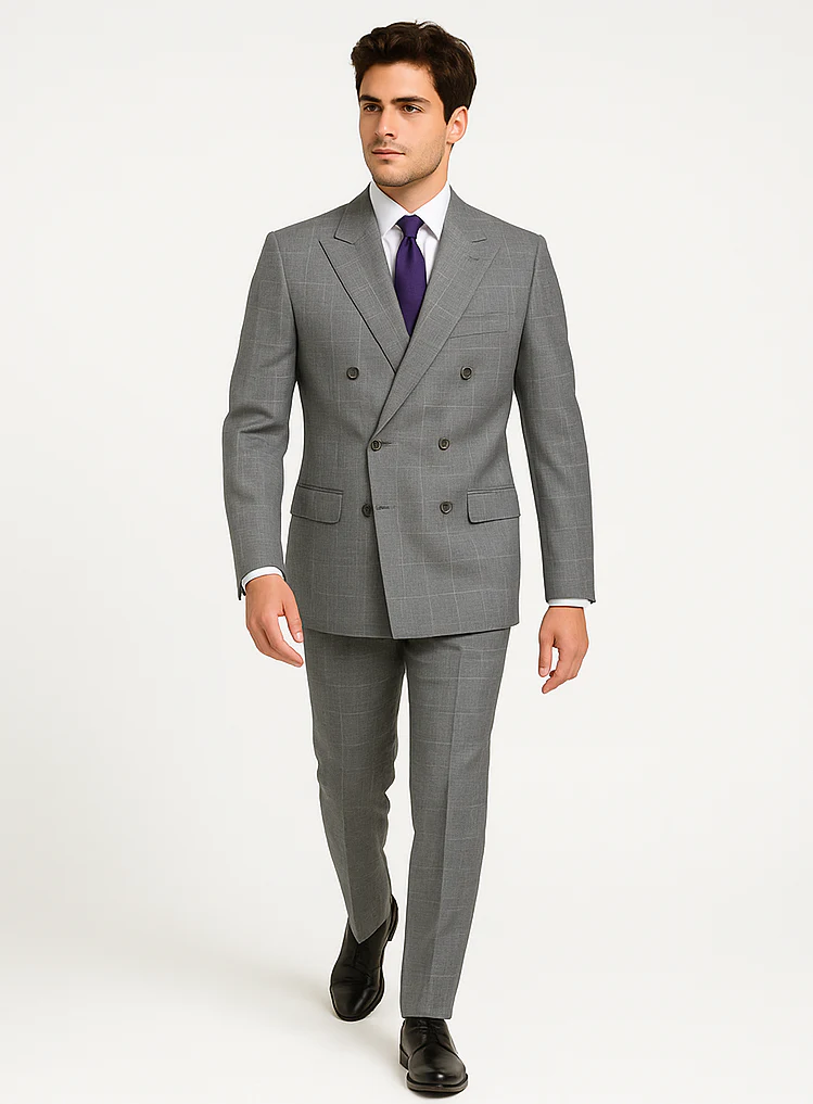 Mens Classic Wool Feel Double Breasted Glen Plaid Suit in Grey - Image 6