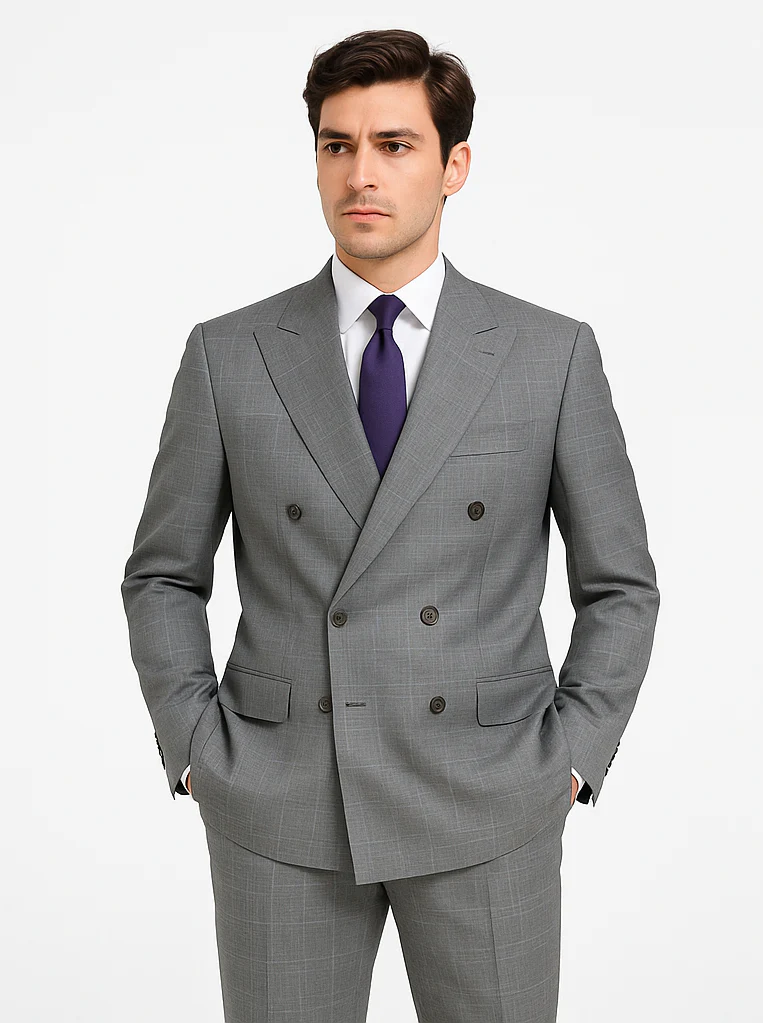 Mens Classic Wool Feel Double Breasted Glen Plaid Suit in Grey - Image 7