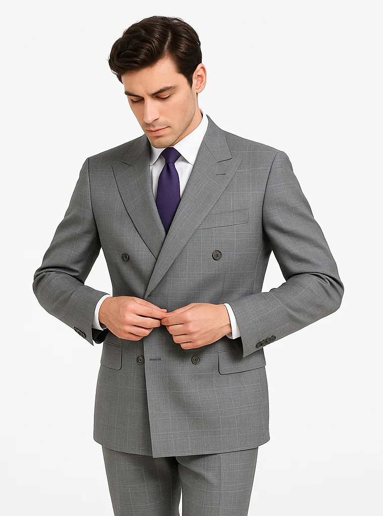 Mens Classic Wool Feel Double Breasted Glen Plaid Suit in Grey - Image 8