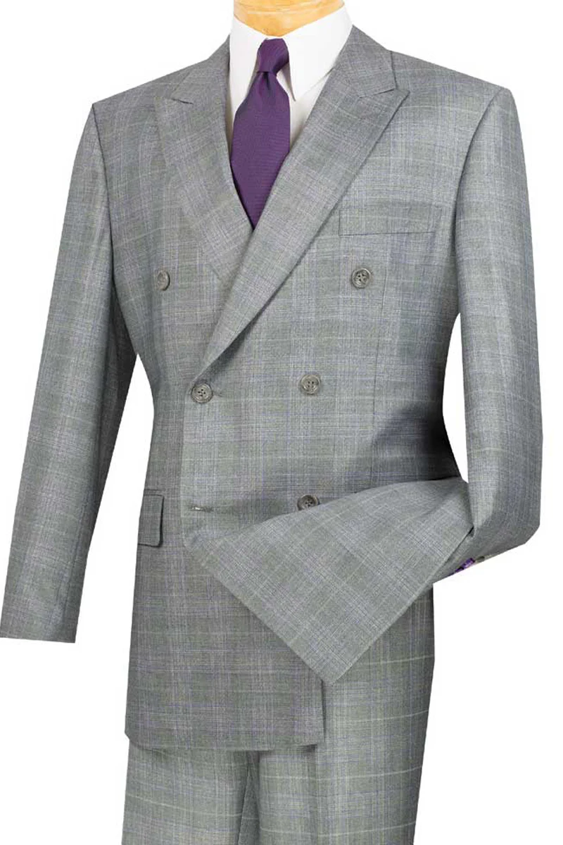 Mens Classic Wool Feel Double Breasted Glen Plaid Suit in Grey - Image 9