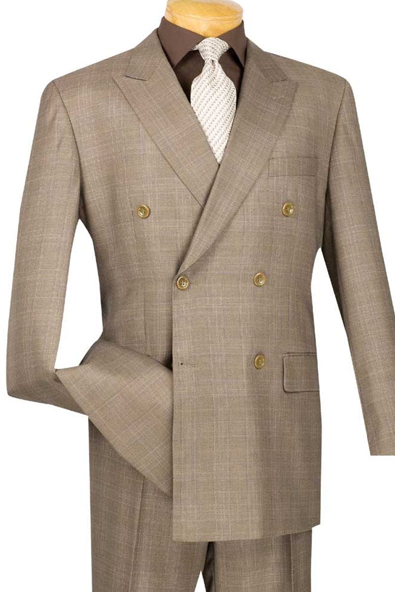 Mens Classic Wool Feel Double Breasted Glen Plaid Suit in Tan - Image 10
