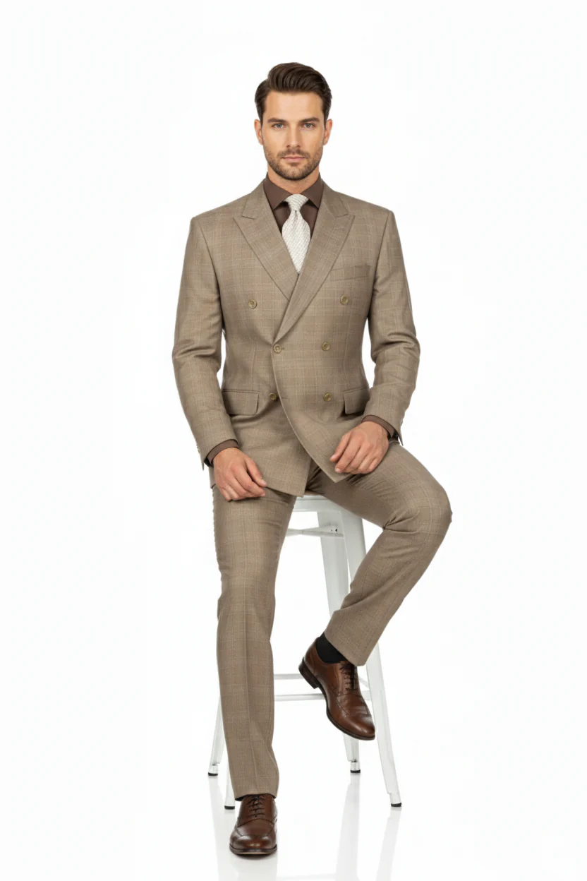 Mens Classic Wool Feel Double Breasted Glen Plaid Suit in Tan - Image 2