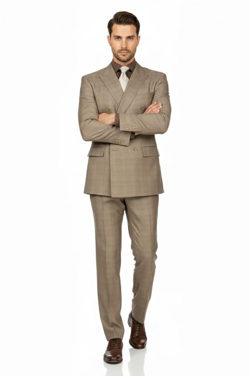 Mens Classic Wool Feel Double Breasted Glen Plaid Suit in Tan - Image 3