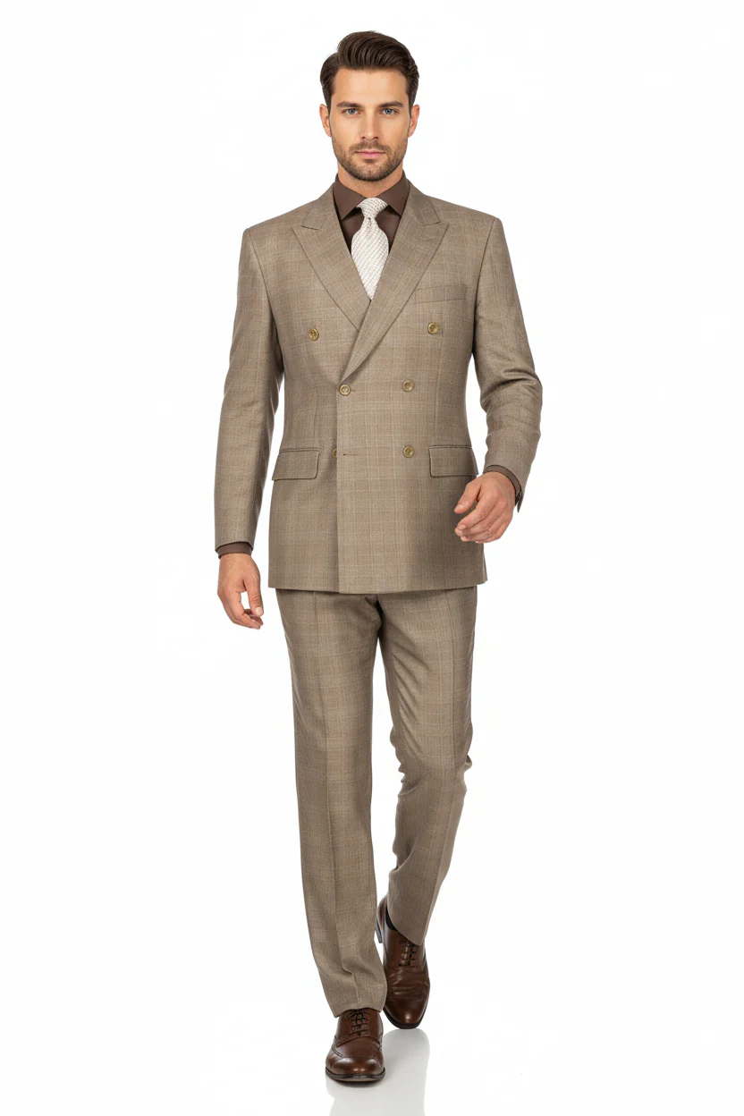 Mens Classic Wool Feel Double Breasted Glen Plaid Suit in Tan - Image 4