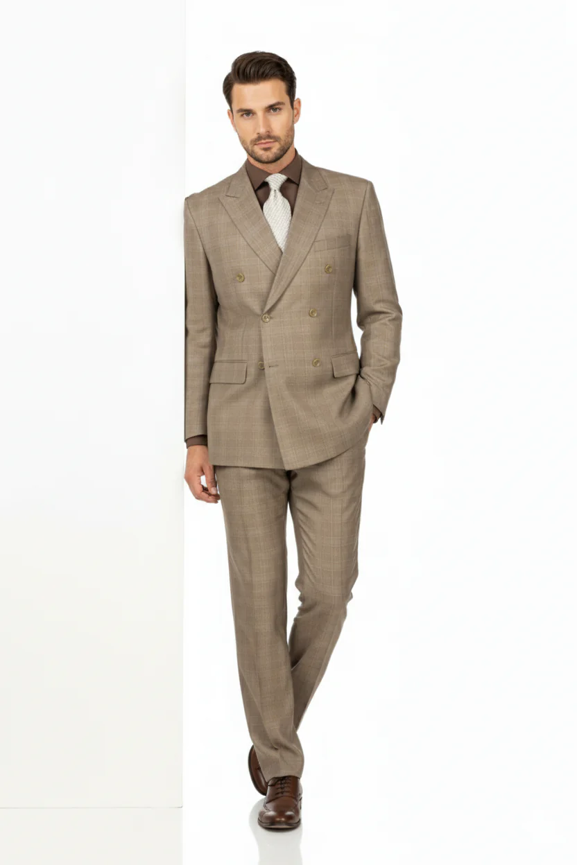 Mens Classic Wool Feel Double Breasted Glen Plaid Suit in Tan - Image 5