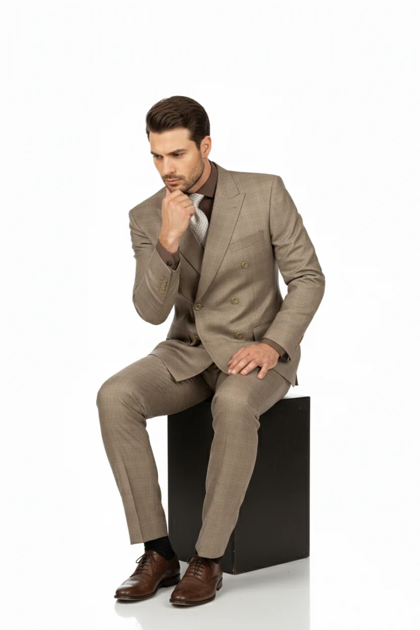 Mens Classic Wool Feel Double Breasted Glen Plaid Suit in Tan - Image 6