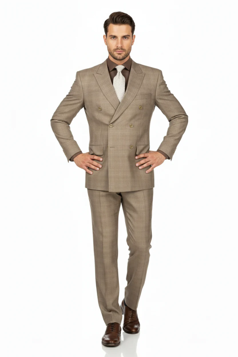 Mens Classic Wool Feel Double Breasted Glen Plaid Suit in Tan - Image 7