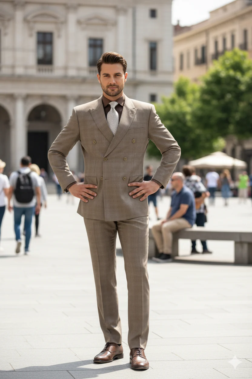 Mens Classic Wool Feel Double Breasted Glen Plaid Suit in Tan - Image 9