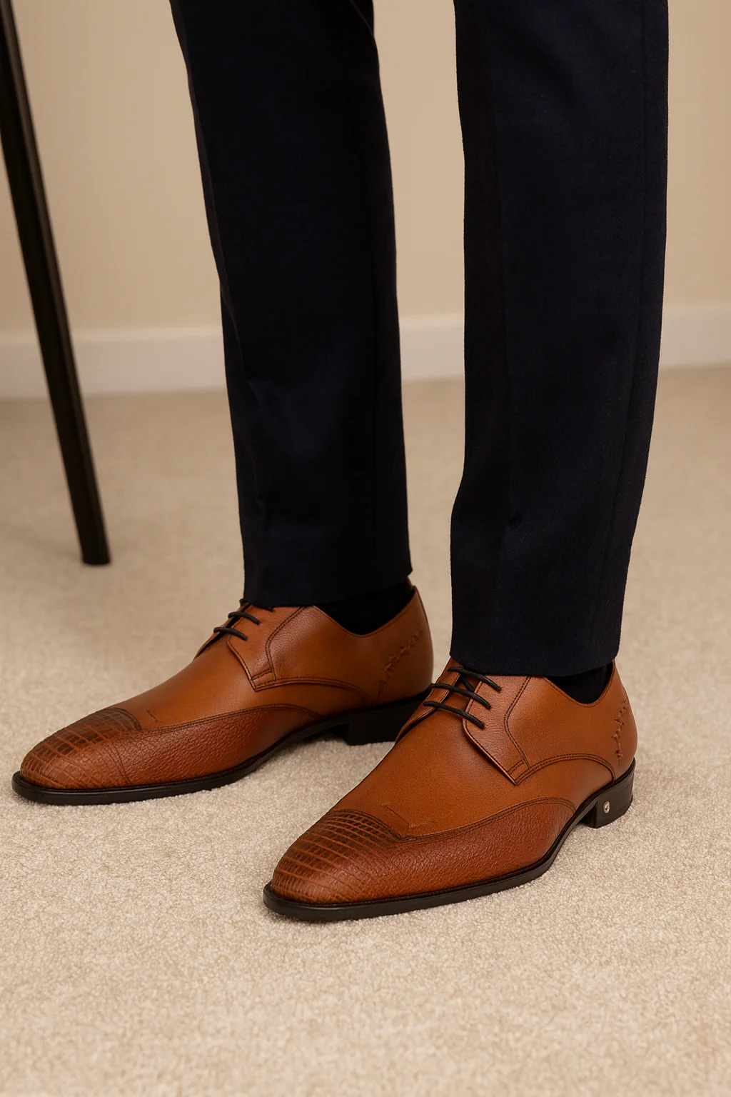 Men's Cognac Full Leather Lining Vestigium Genuine Ostrich Leg Derby Shoes Mens Ostrich Skin Shoes - Image 3