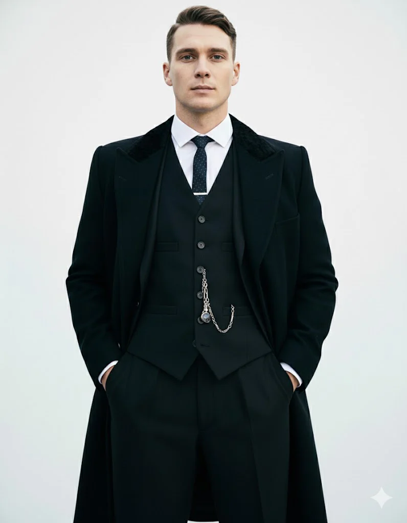 Mens Costume Thomas Shelby Black Vested Suit & Black Overcoat - Image 3
