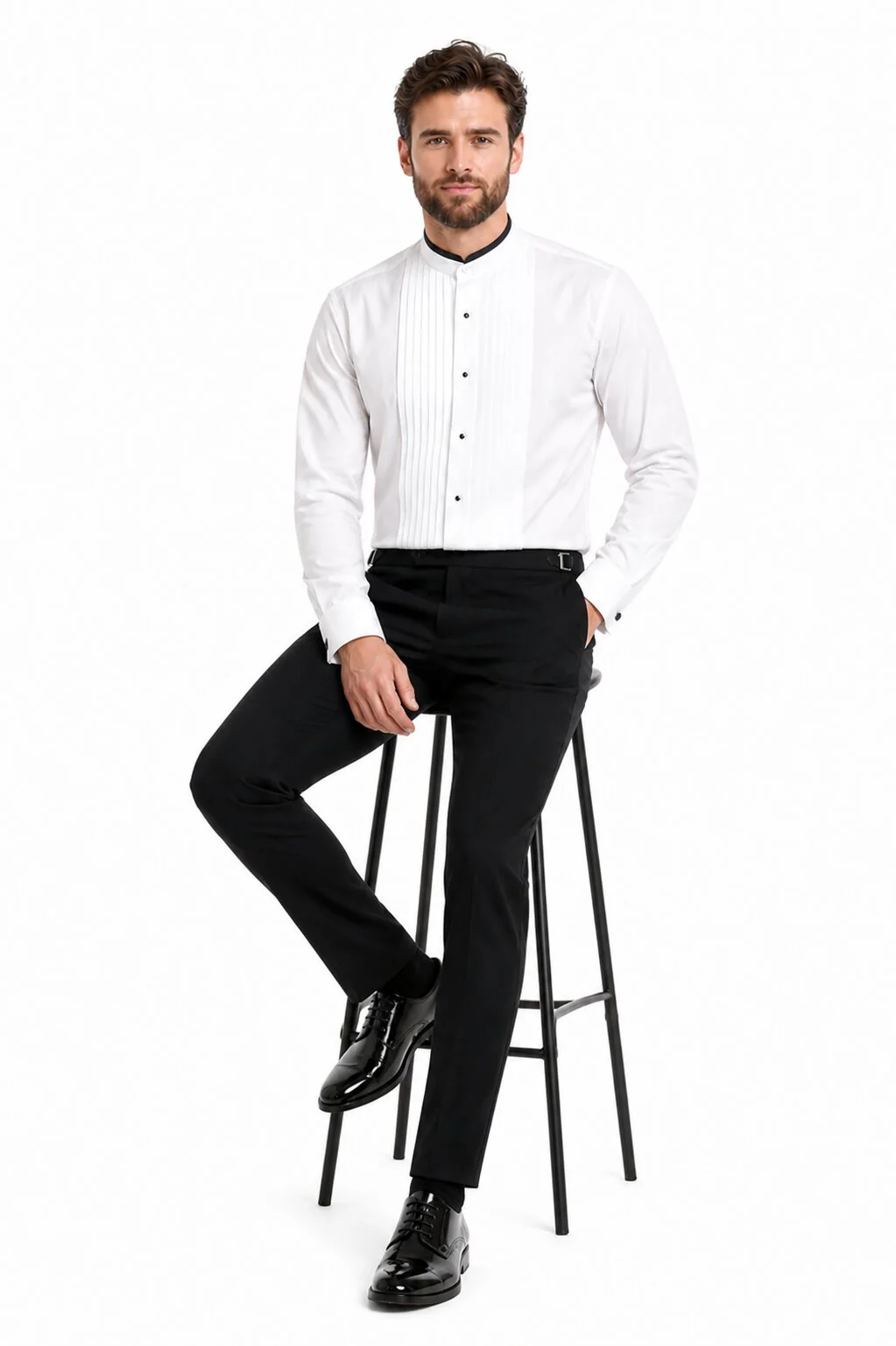 Mens Cotton Pleat Front Mandarin Shirt in White - Image 4