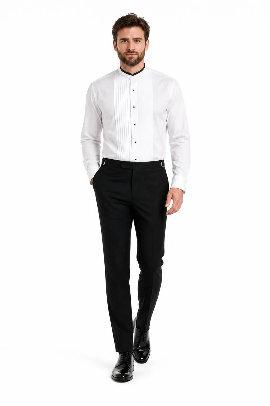 Mens Cotton Pleat Front Mandarin Shirt in White - Image 5