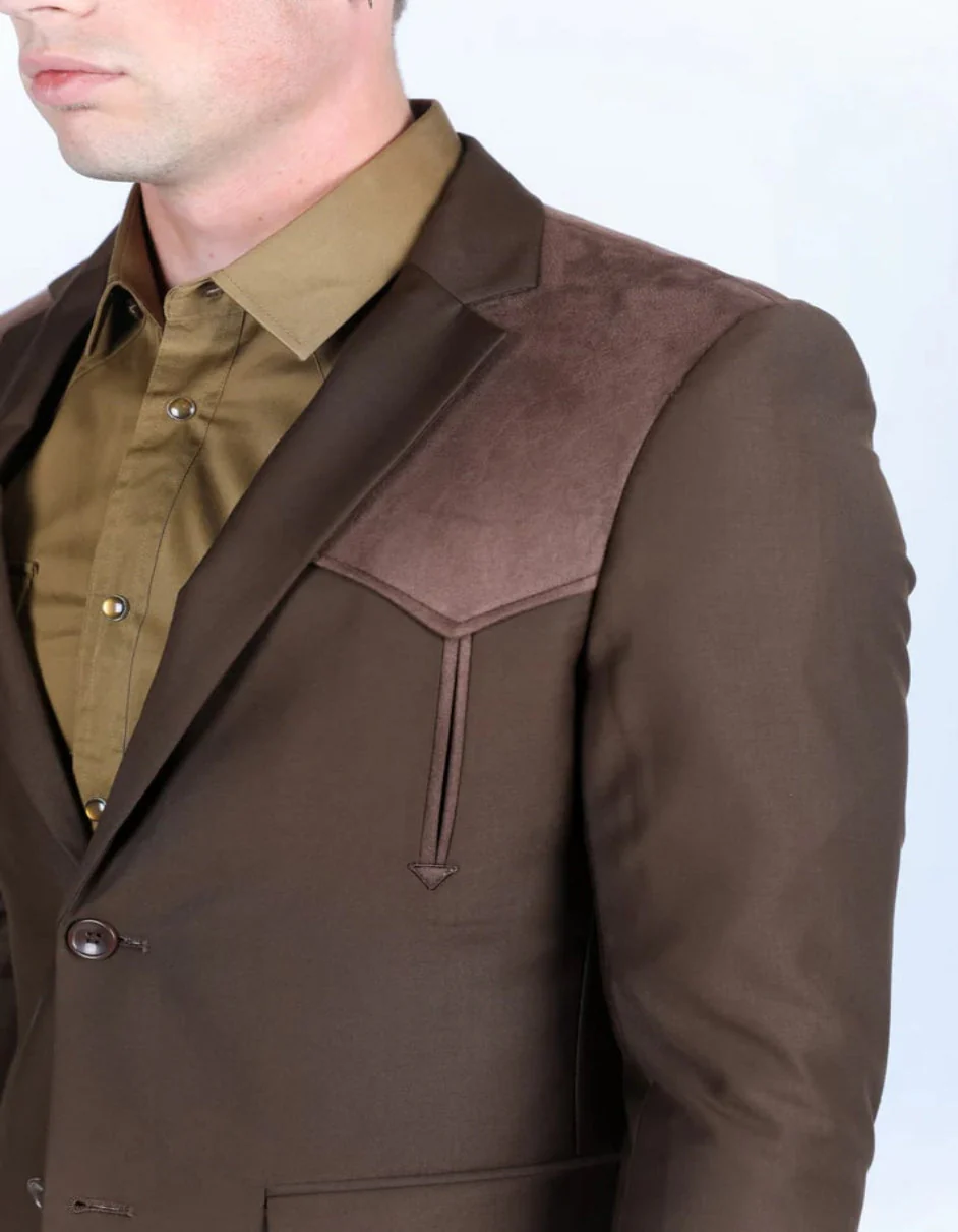 Men's Dark Brown Western Suit Sport Coat with Suede Yokes and Elbow Patches - Image 5