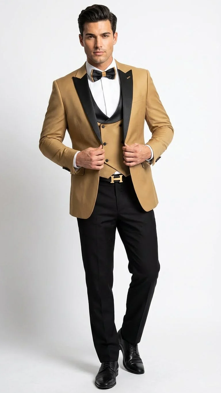 Men's Dark Camel Tan Khaki and Black Great Gatsby Tuxedo Suit – Vintage 1920s Formal Wedding, Party and Event Wear