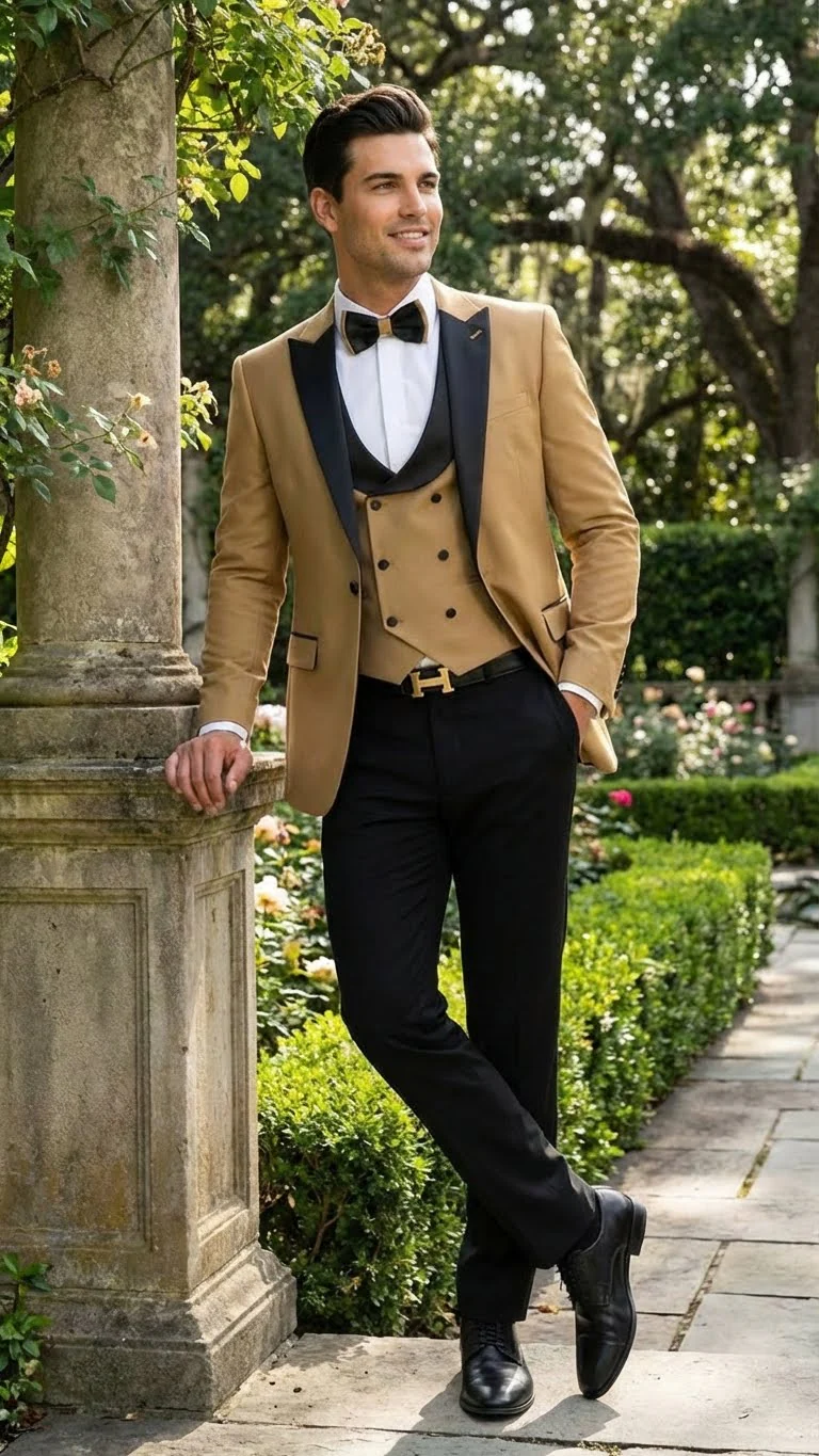 Men's Dark Camel Tan Khaki and Black Great Gatsby Tuxedo Suit – Vintage 1920s Formal Wedding, Party and Event Wear - Image 4