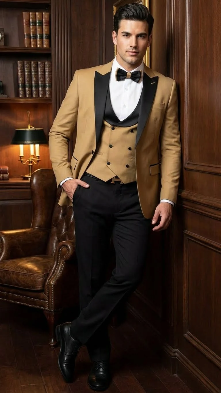 Men's Dark Camel Tan Khaki and Black Great Gatsby Tuxedo Suit – Vintage 1920s Formal Wedding, Party and Event Wear - Image 7